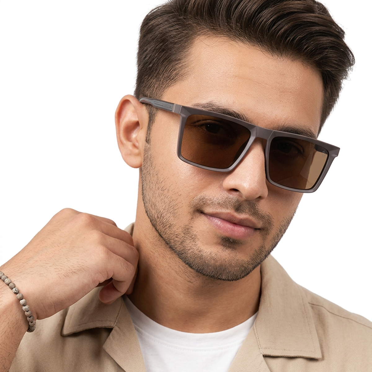Eyejack Brown Square Sunglasses for Men and Women - Style L769 - worn by a male model (image 1)