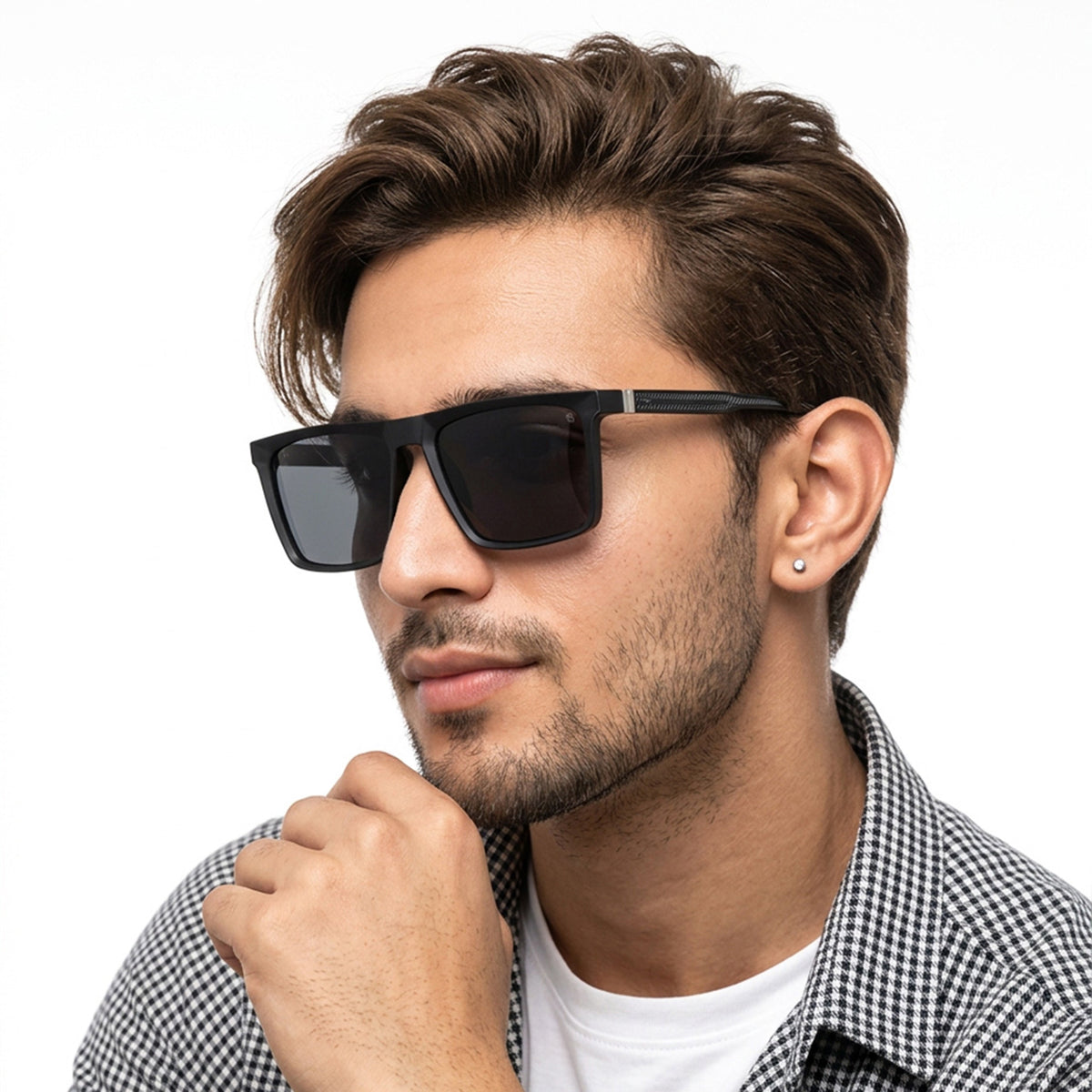 Eyejack Black Square Sunglasses for Men and Women - Style L766 - worn by a male model (image 1)