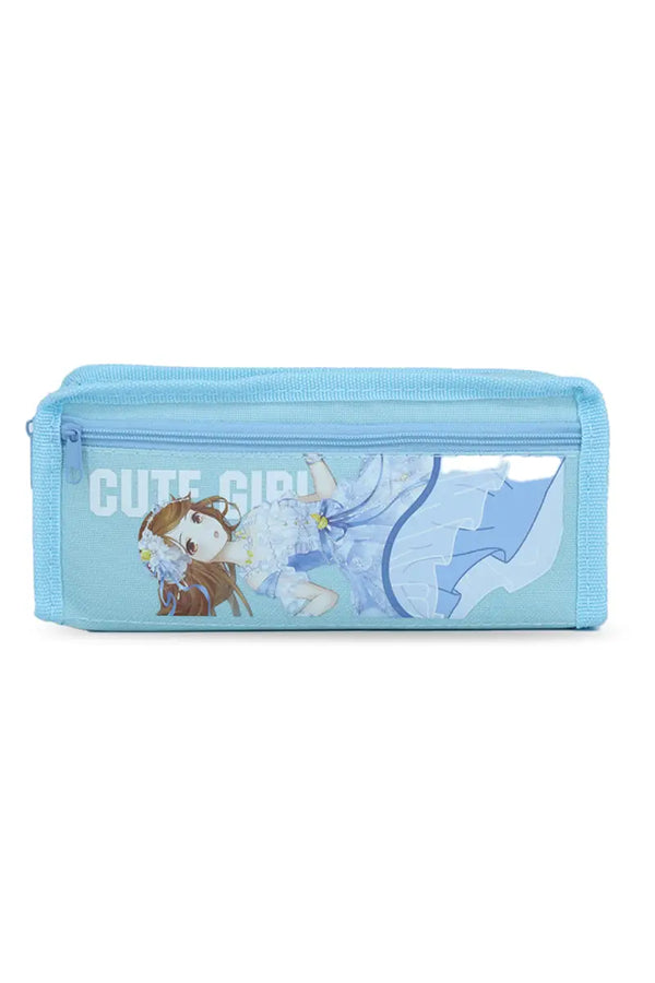 Cute Girl Cartoon Printed Pencil Pouch - Sky blue
