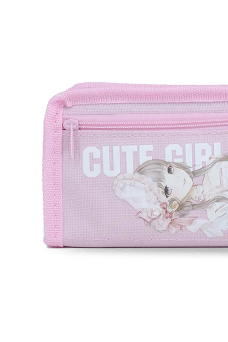 Cute Girl Cartoon Printed Pencil Pouch - Pink