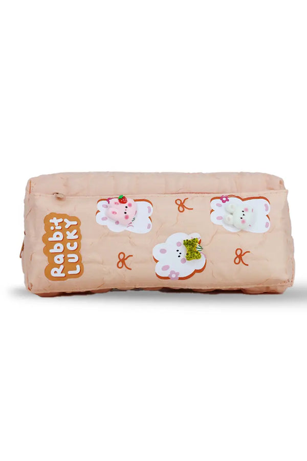 Rabbit Lucky Cartoon Printed Pencil Pouch - Peach