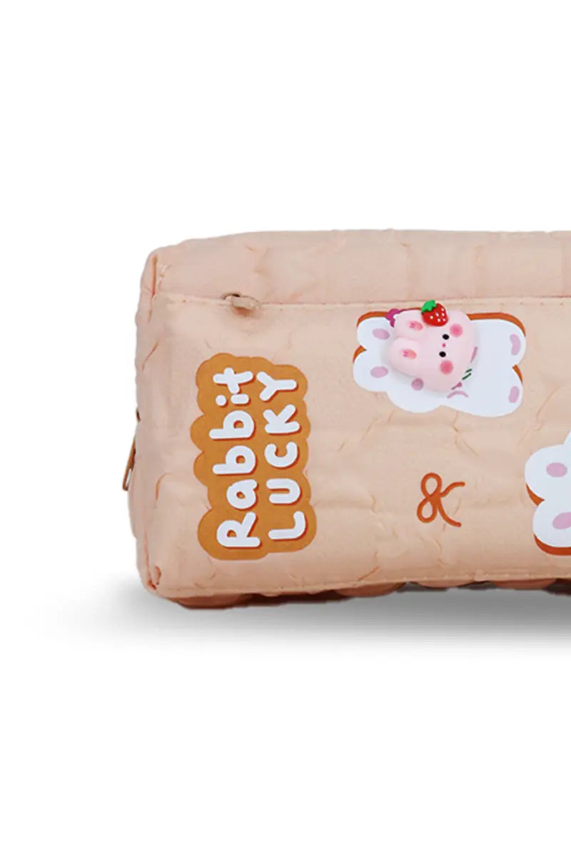 Rabbit Lucky Cartoon Printed Pencil Pouch - Peach