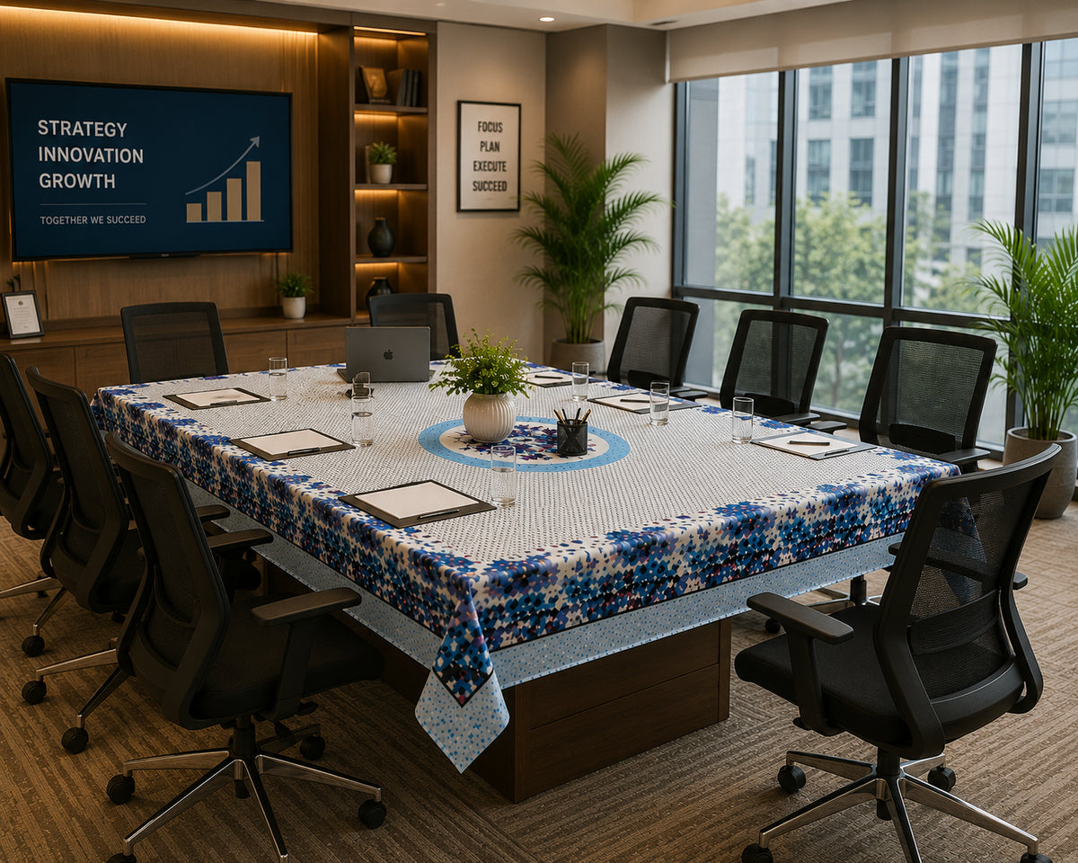 Blue Aster printed cotton table cover in blue - image 9