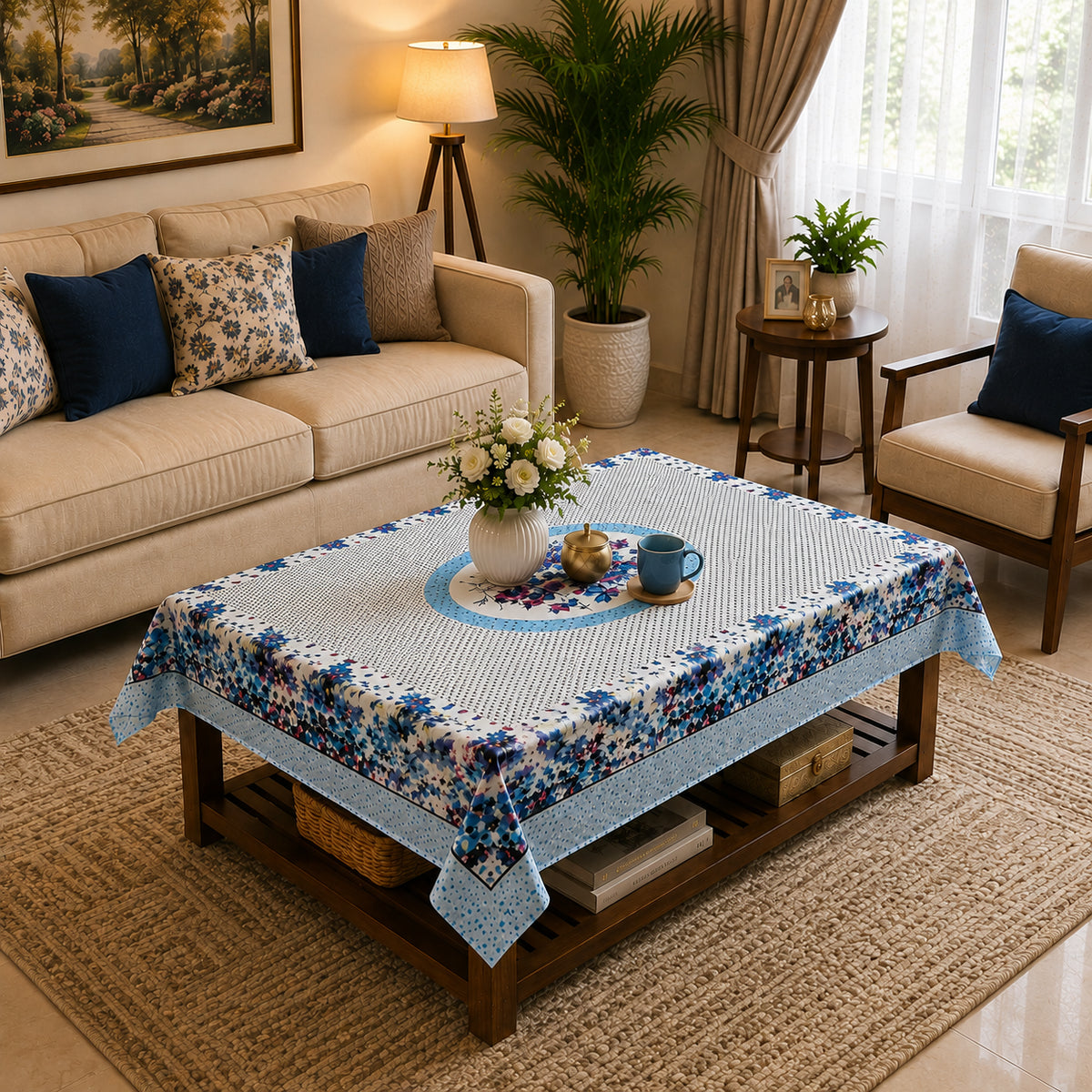 Blue Aster printed cotton table cover in blue - image 7