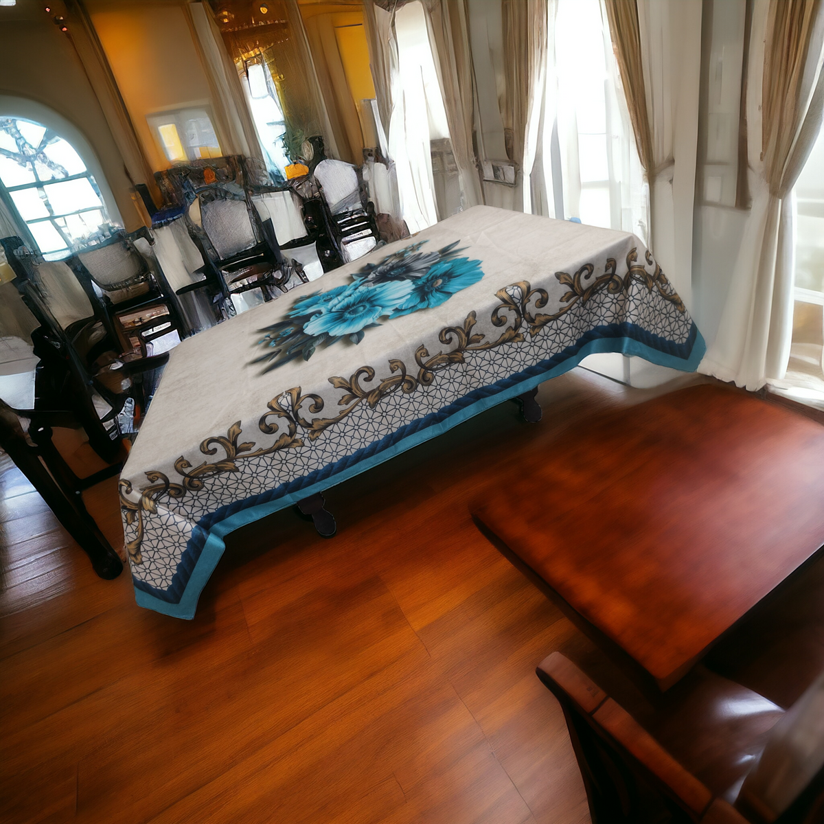 Blue Daisy printed cotton table cover in blue - image 1