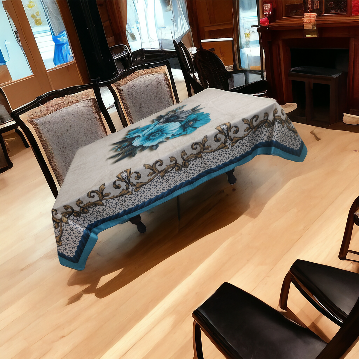 Blue Daisy printed cotton table cover in blue - image 8
