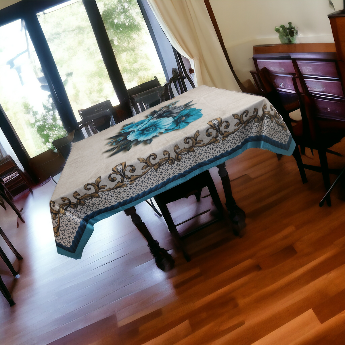 Blue Daisy printed cotton table cover in blue - image 10