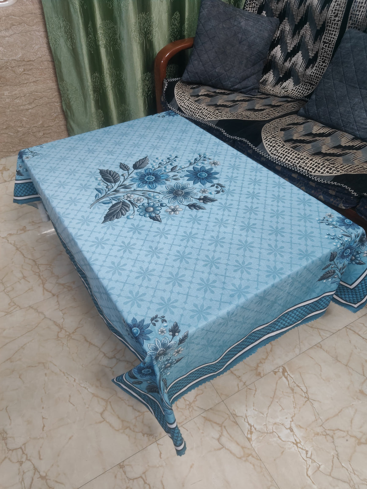 Blue Genda printed cotton table cover in blue - image 4