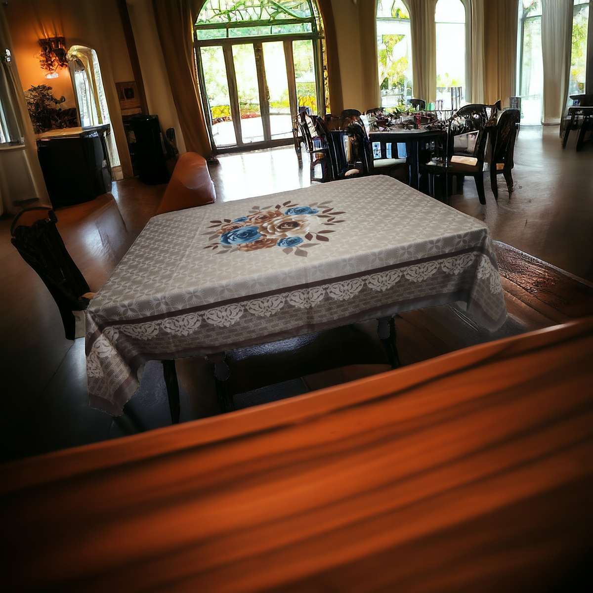 Brown Rose printed cotton table cover in brown - image 10