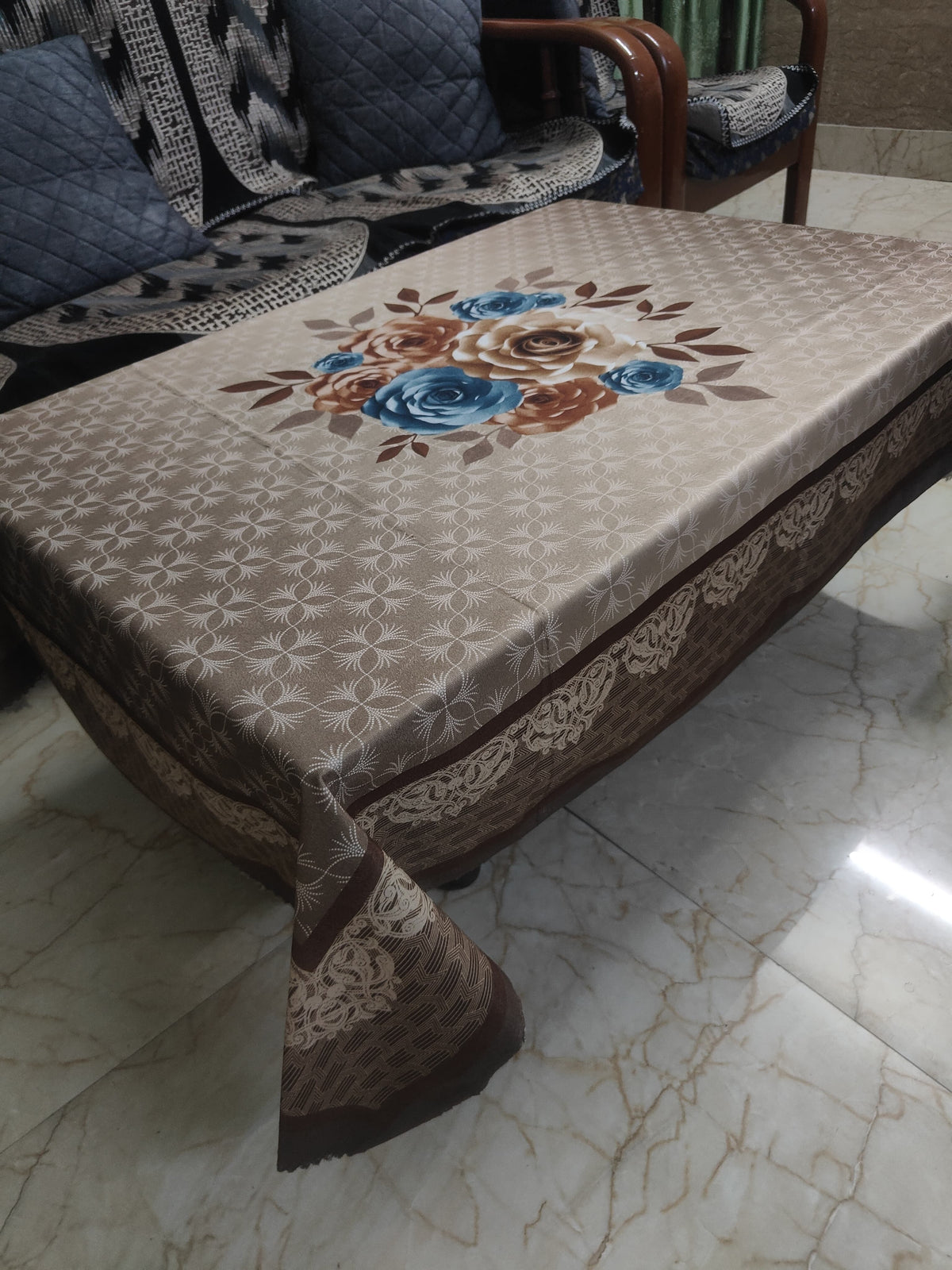 Brown Rose printed cotton table cover in brown - image 2