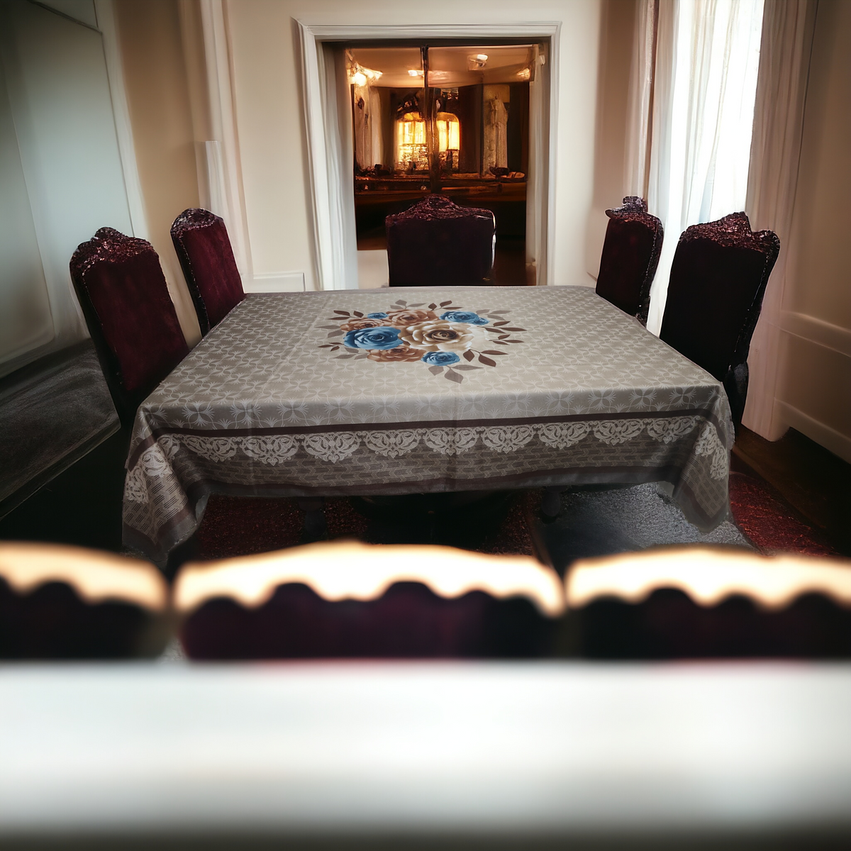 Brown Rose printed cotton table cover in brown - image 11