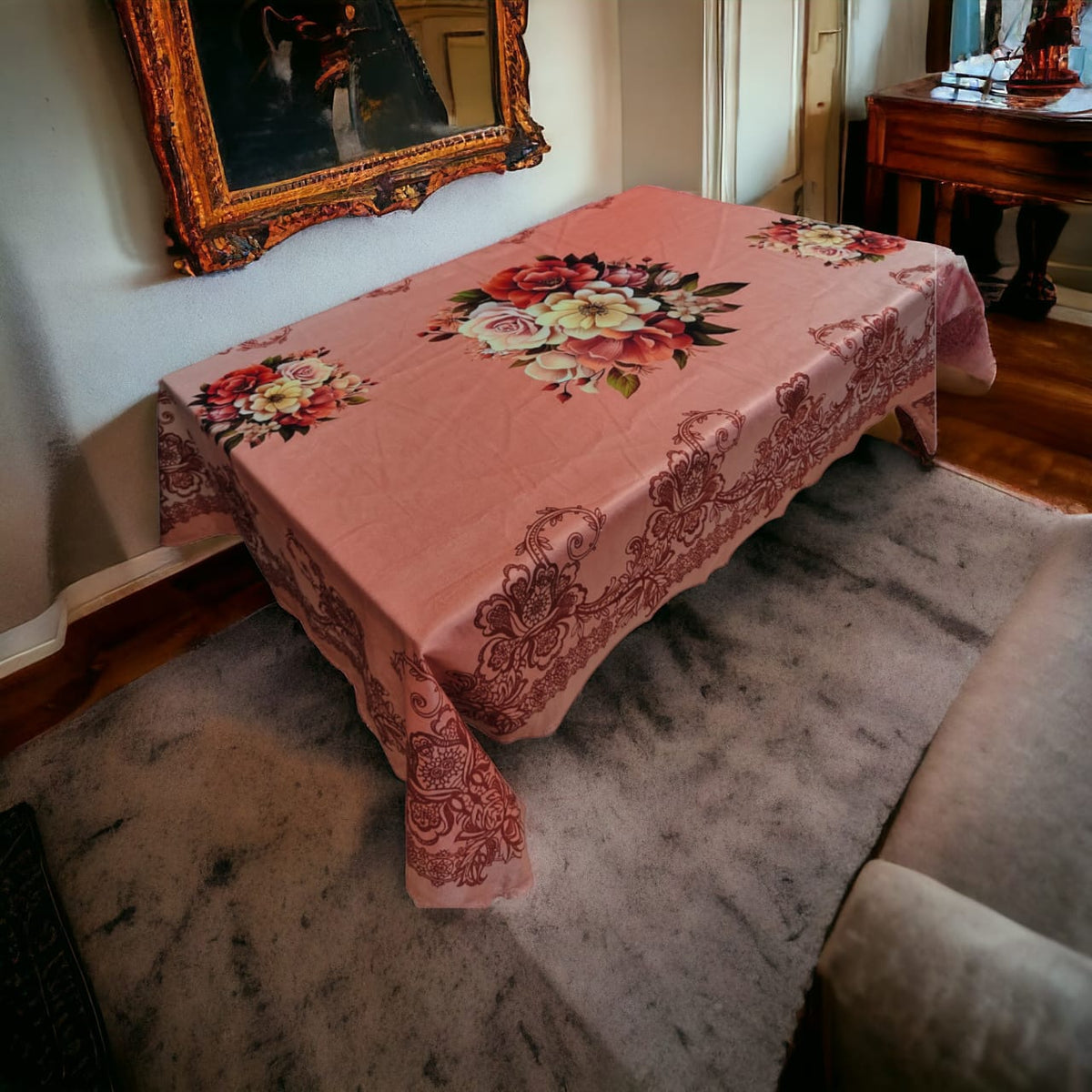 Cherry Flower printed cotton table cover in pink - image 1
