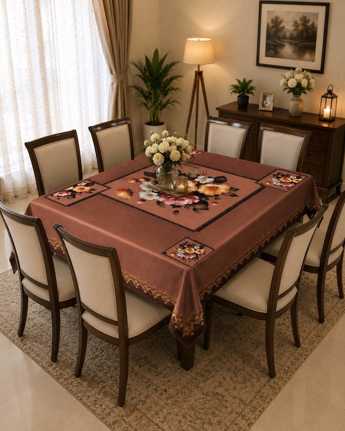 Chocolate Marigold printed cotton table cover in brown - image 9