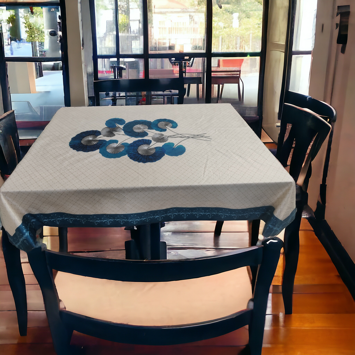 Cream Blue Lily printed cotton table cover in cream - image 8