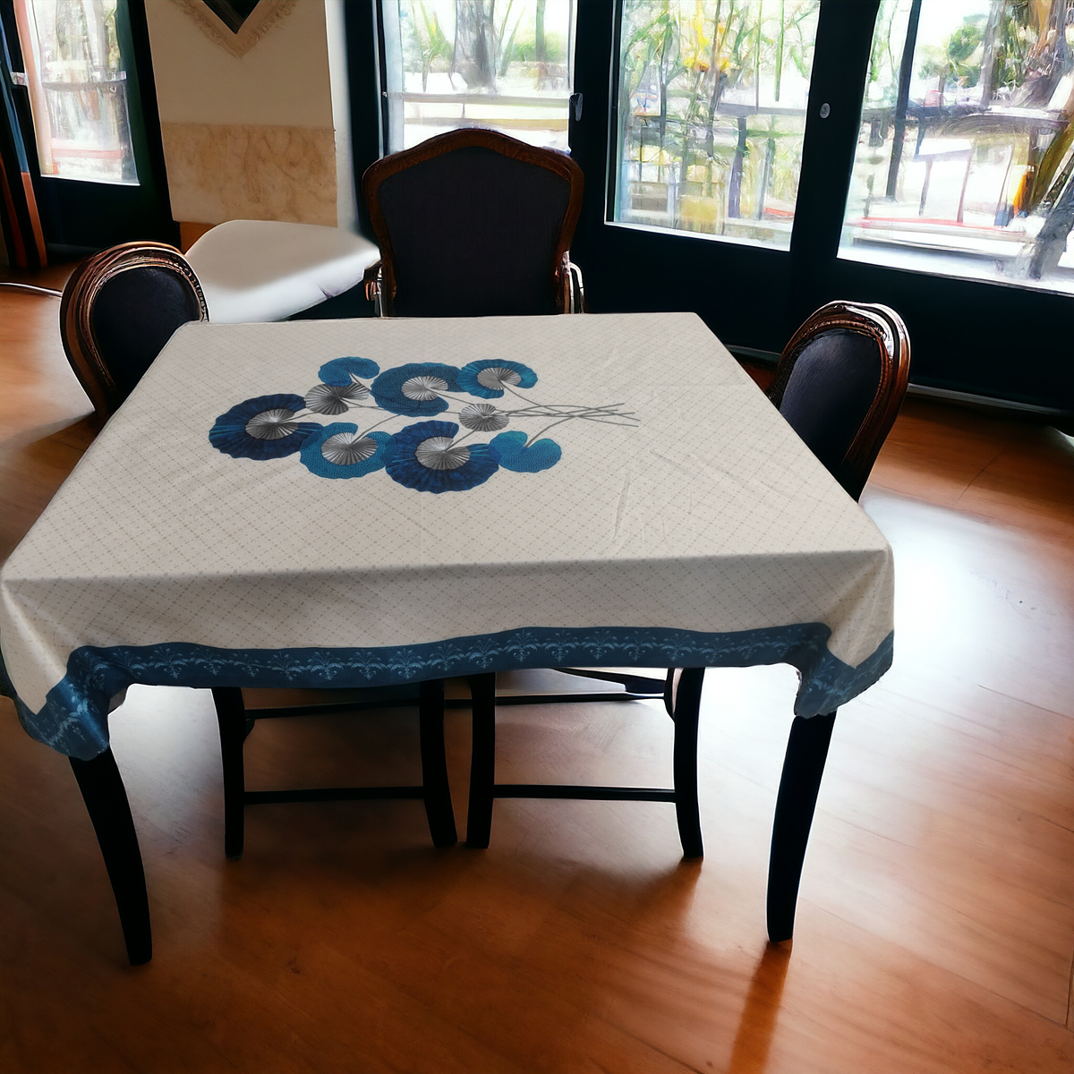 Cream Blue Lily printed cotton table cover in cream - image 10