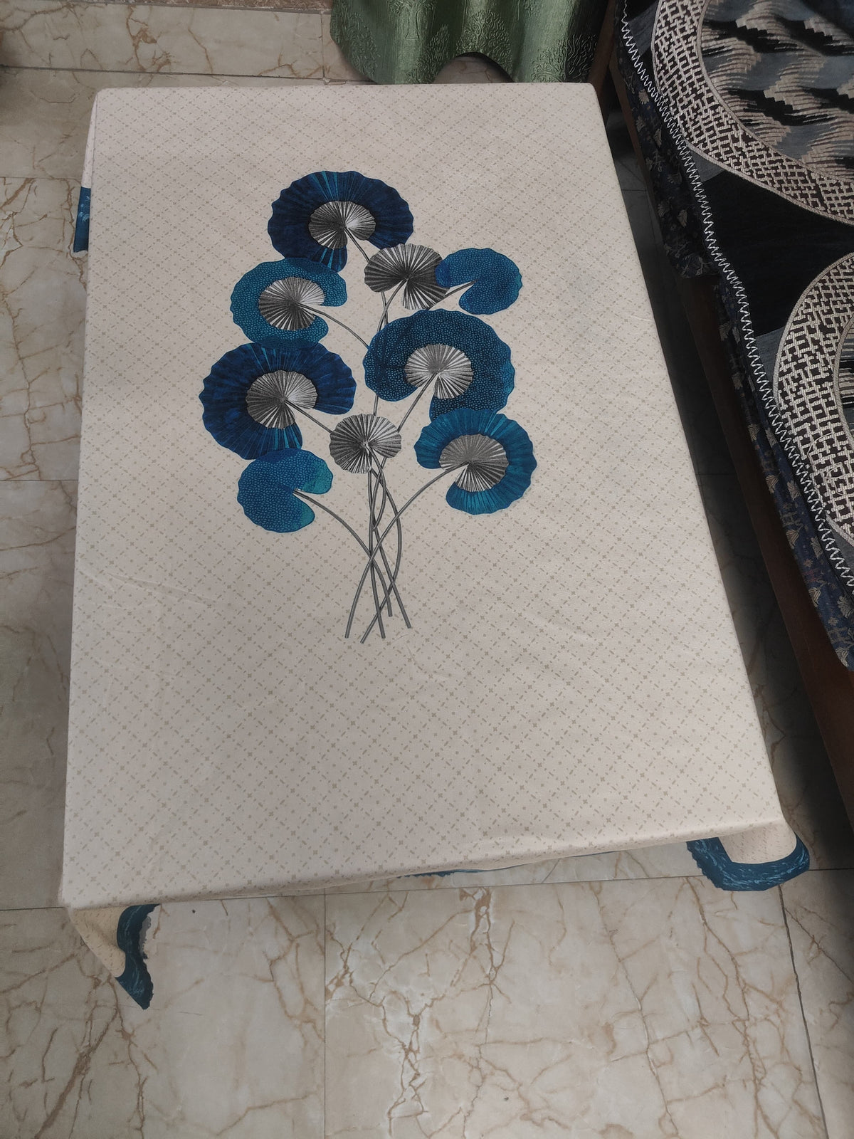 Cream Blue Lily printed cotton table cover in cream - image 6