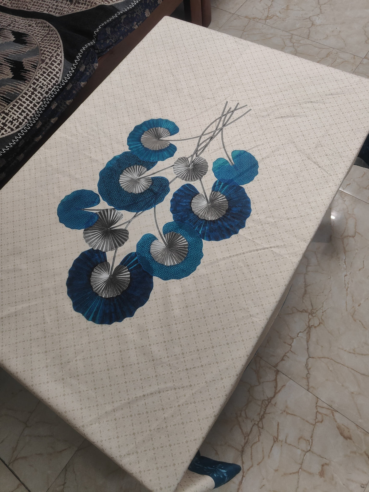 Cream Blue Lily printed cotton table cover in cream - image 3