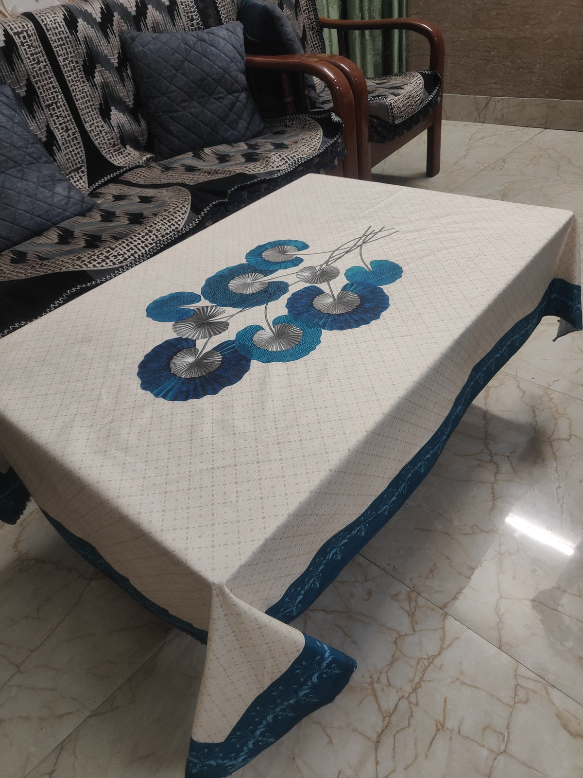 Cream Blue Lily printed cotton table cover in cream - image 2