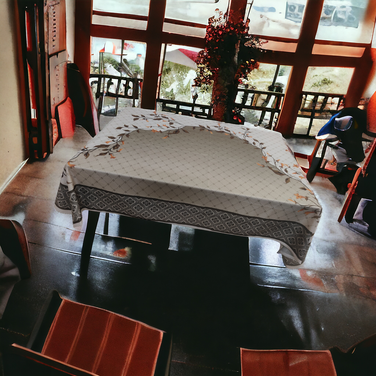 Cream Leaves printed cotton table cover in cream - image 7