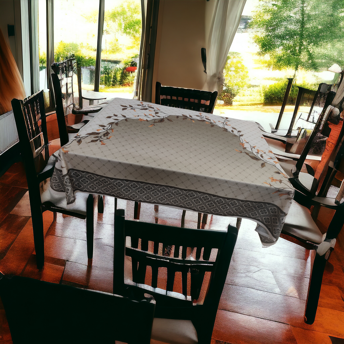 Cream Leaves printed cotton table cover in cream - image 10