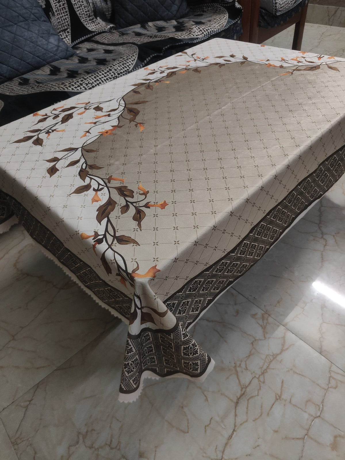 Cream Leaves printed cotton table cover in cream - image 4