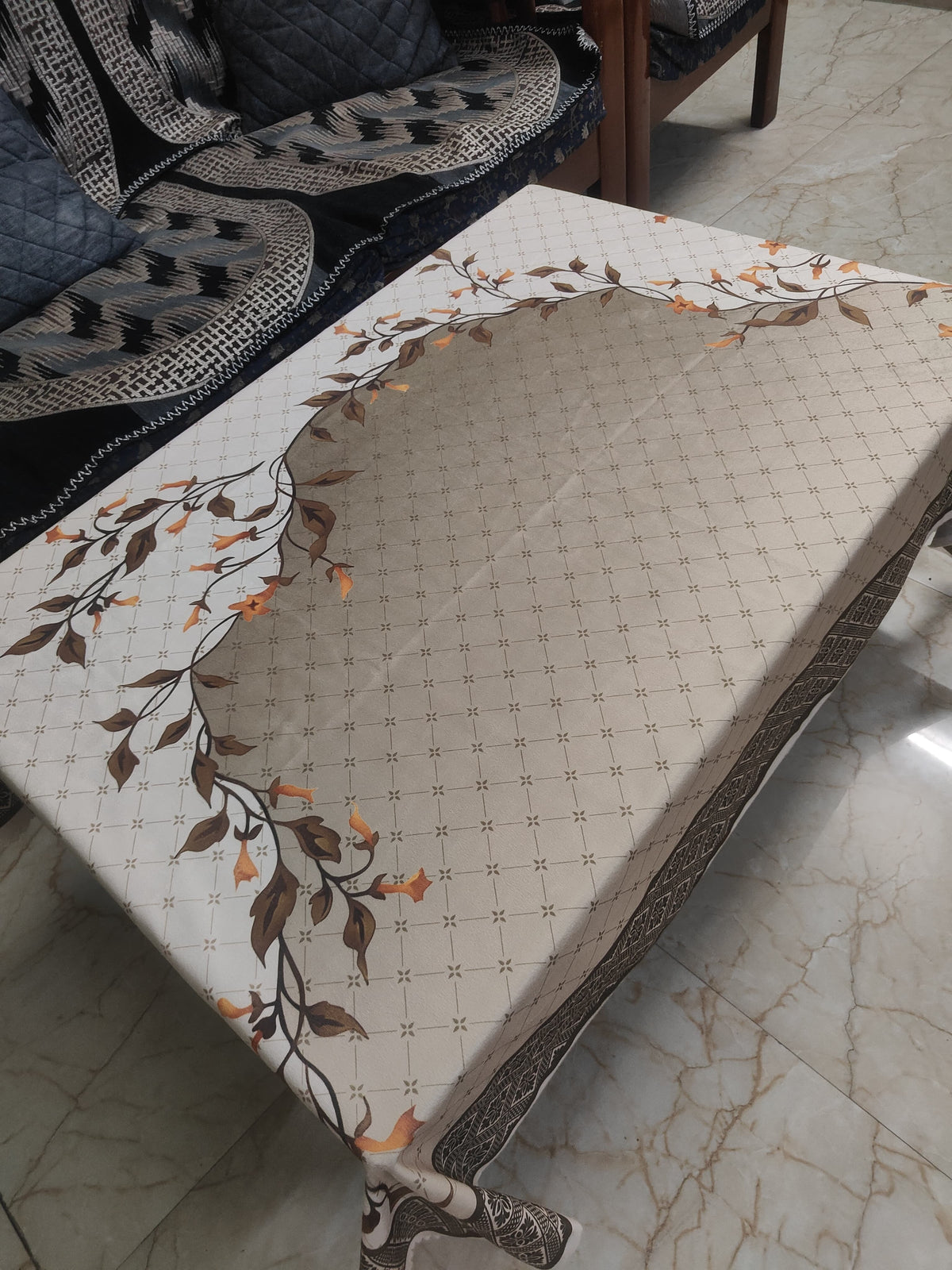 Cream Leaves printed cotton table cover in cream - image 2