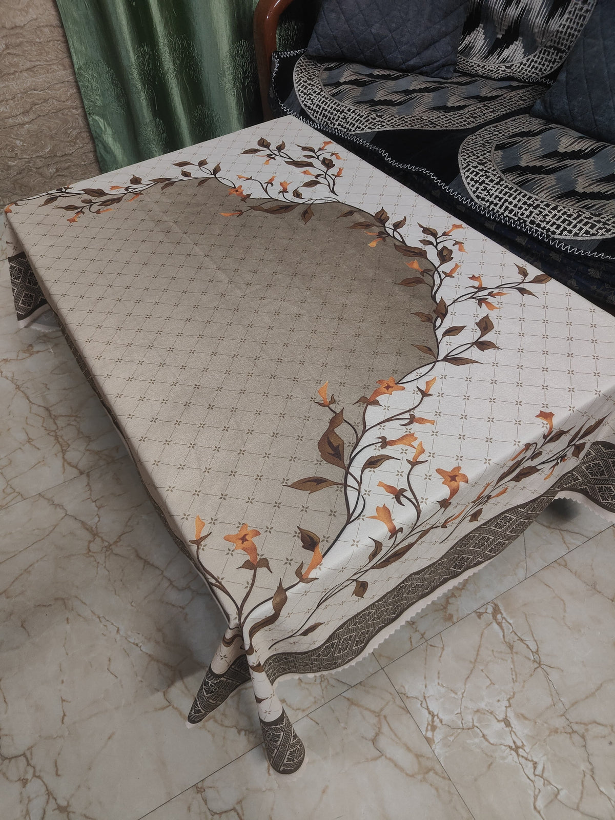 Cream Leaves printed cotton table cover in cream - image 6