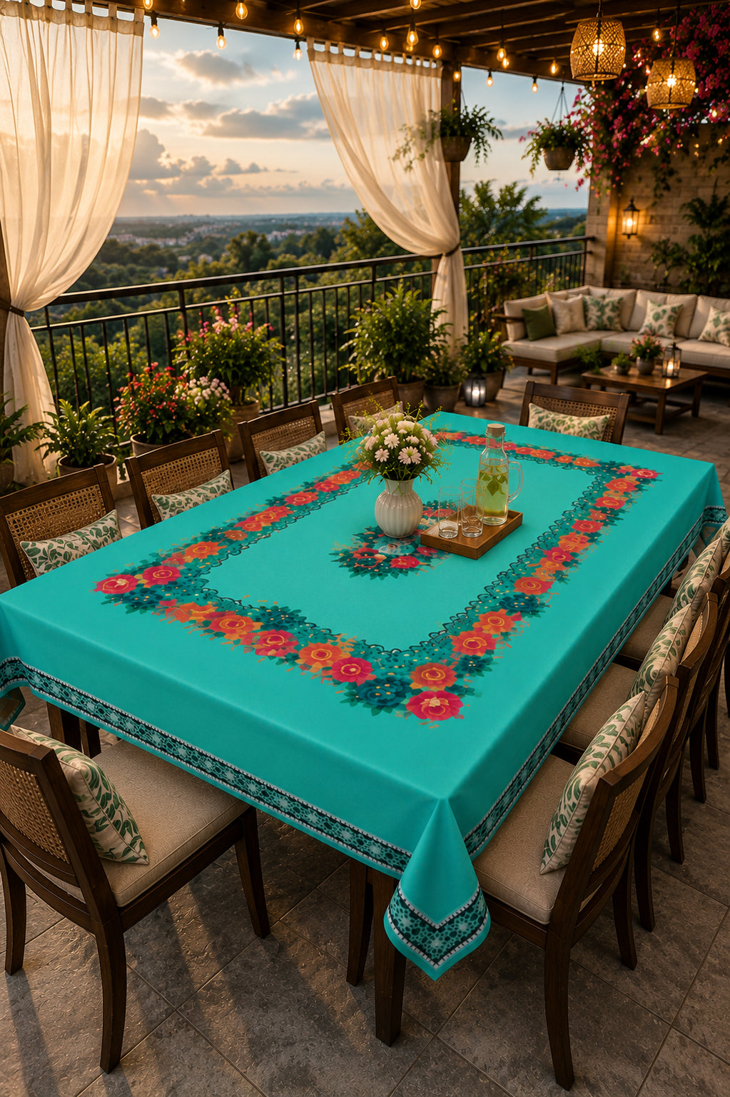 Green Gulab printed cotton table cover in green - image 1