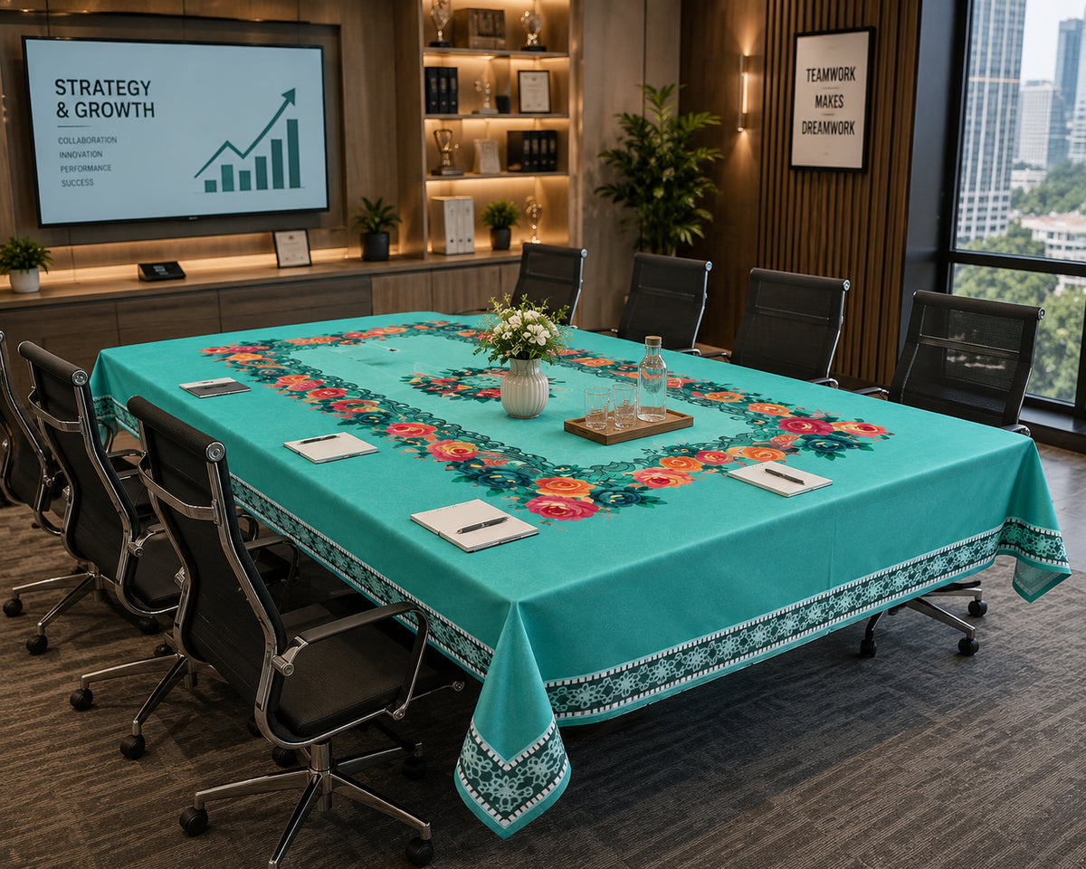 Green Gulab printed cotton table cover in green - image 9