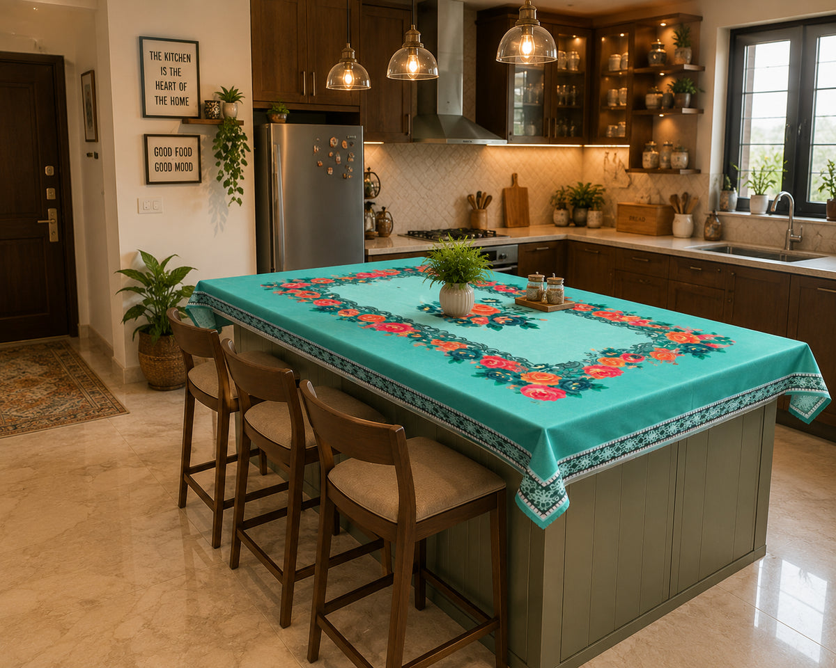 Green Gulab printed cotton table cover in green - image 4