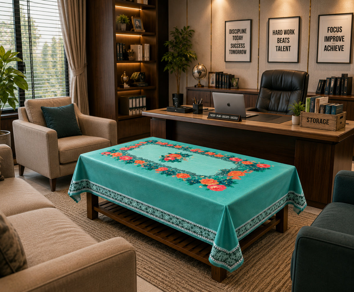 Green Gulab printed cotton table cover in green - image 3