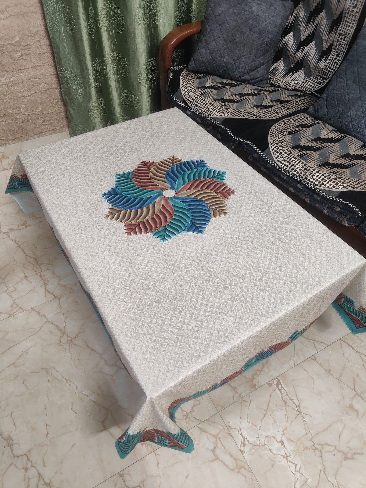 Greenish Rainbow printed cotton table cover in green - image 3