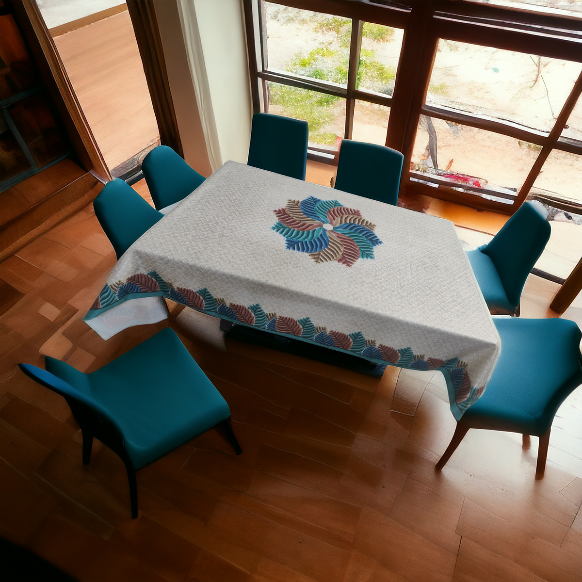 Greenish Rainbow printed cotton table cover in green - image 14
