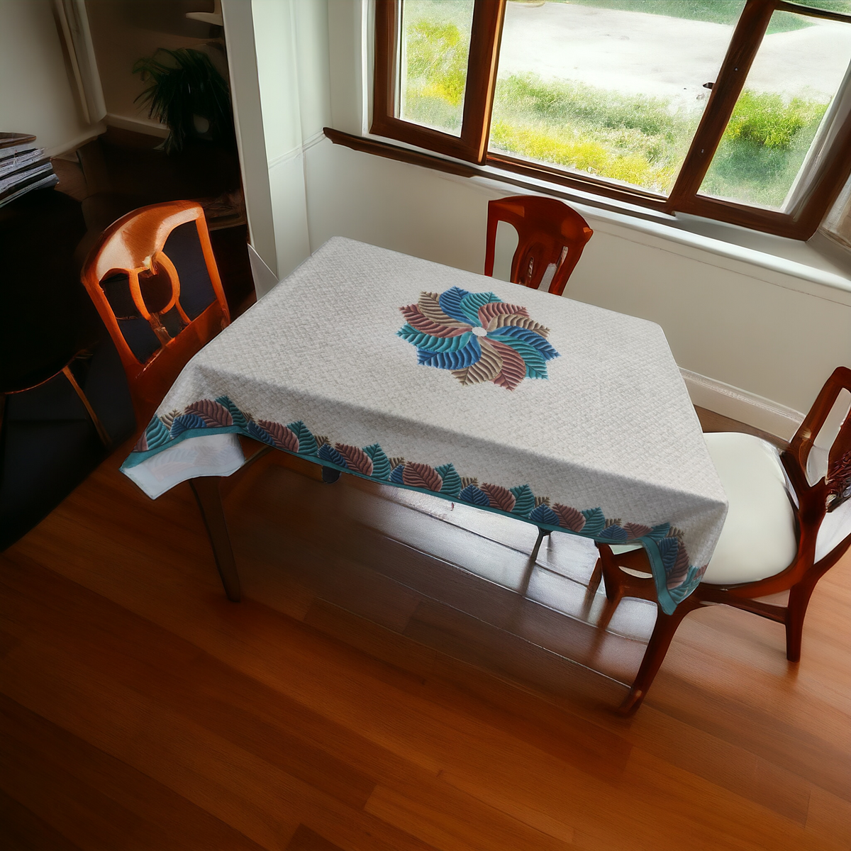 Greenish Rainbow printed cotton table cover in green - image 15