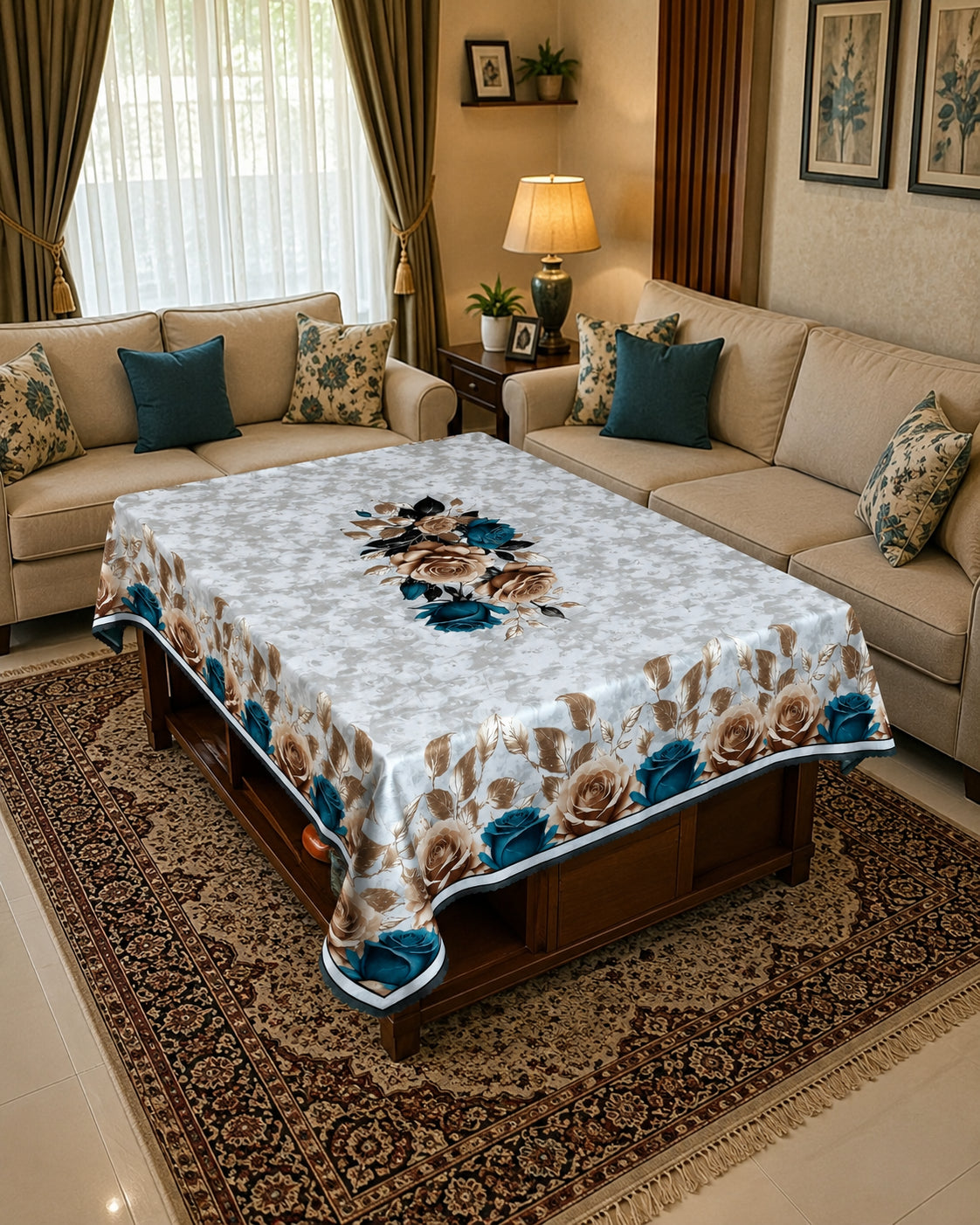 Grey Golden Rose printed cotton table cover in gold - image 7