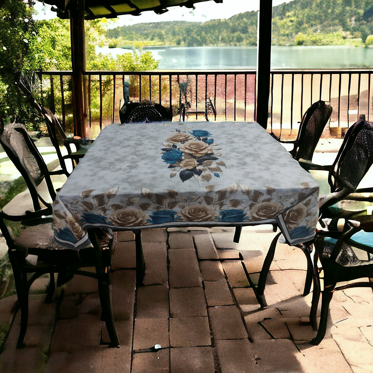 Grey Golden Rose printed cotton table cover in gold - image 15