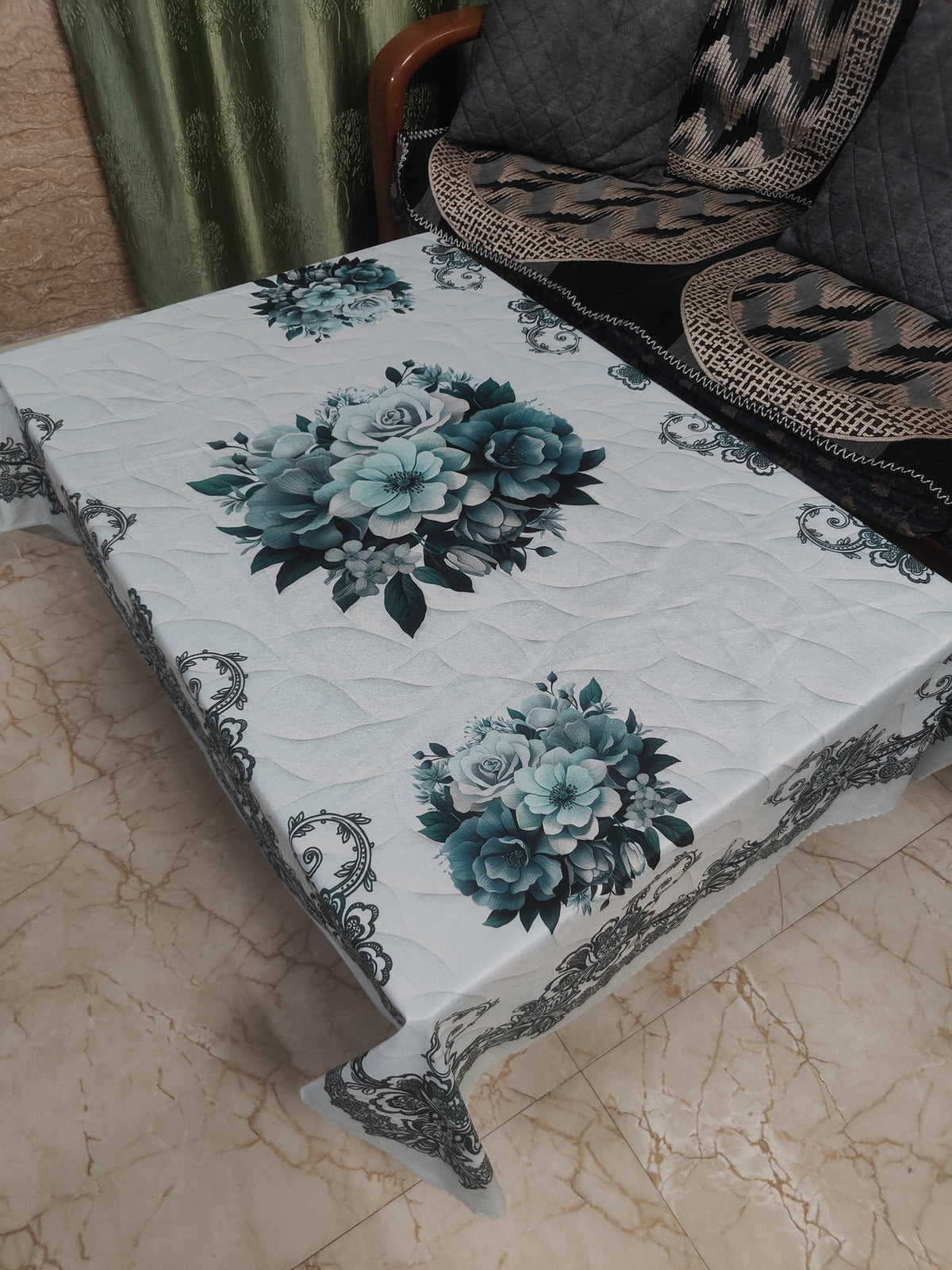 Light Blue Flowers printed cotton table cover in blue - image 6