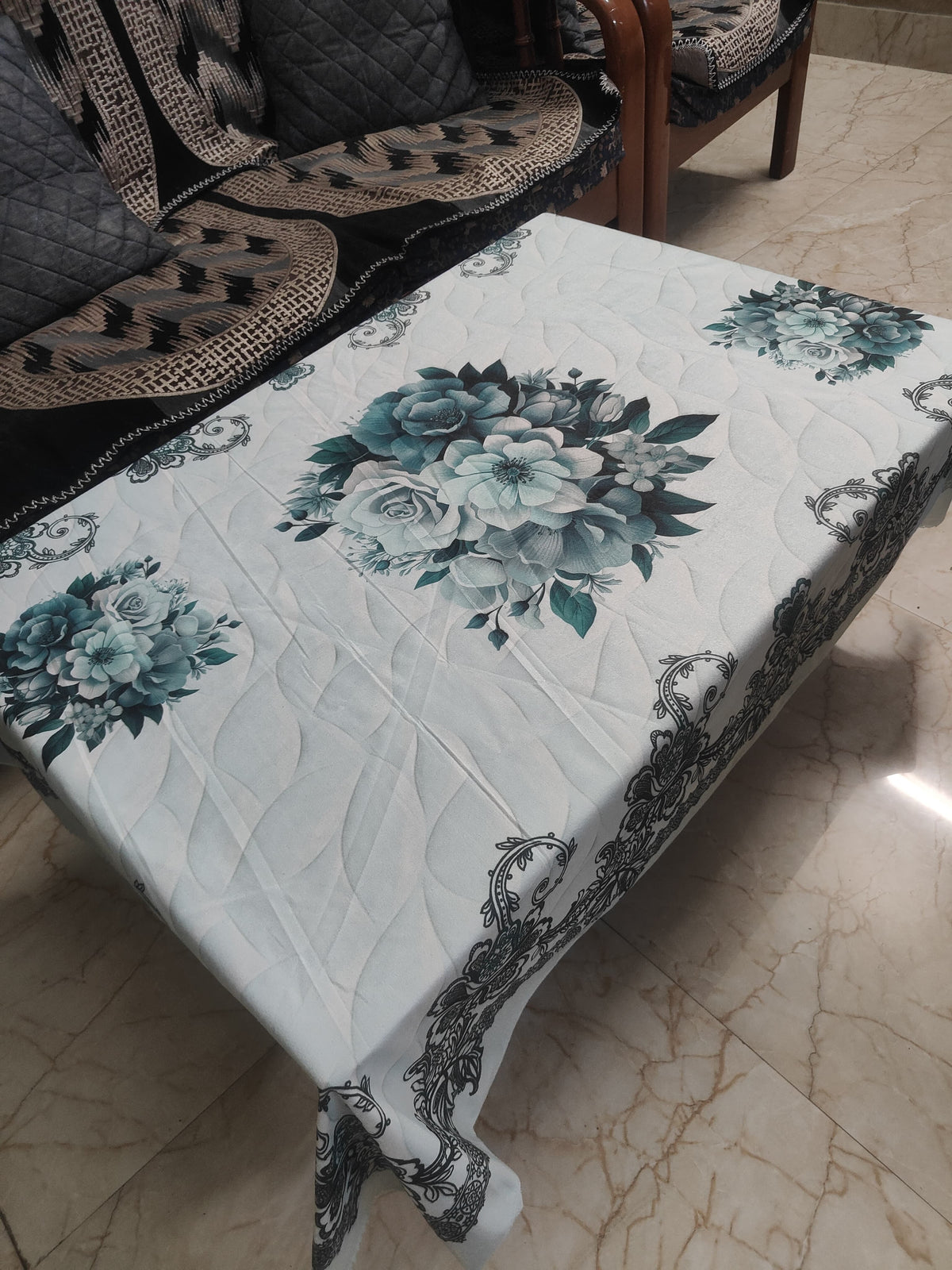 Light Blue Flowers printed cotton table cover in blue - image 3