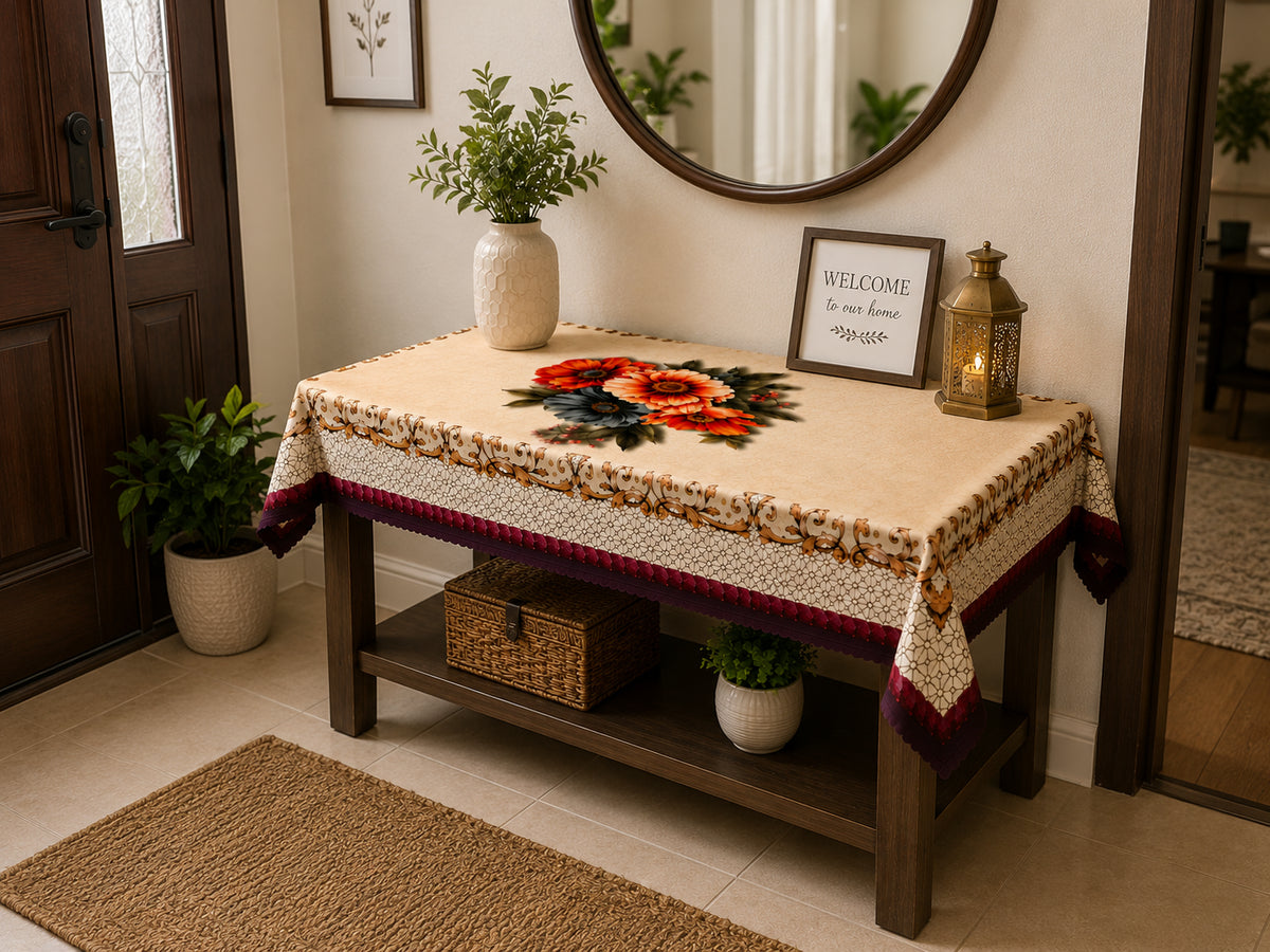Maroon Daisy printed cotton table cover in red - image 1