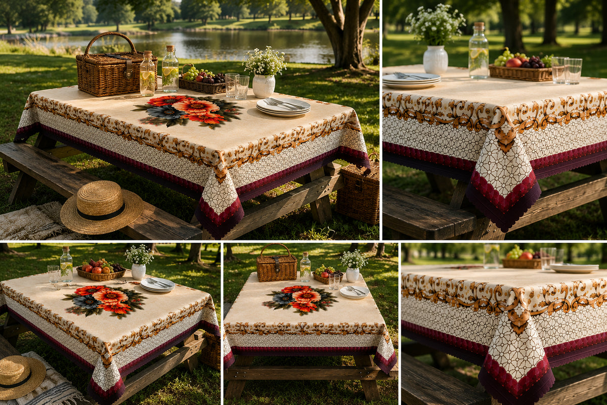 Maroon Daisy printed cotton table cover in red - image 8