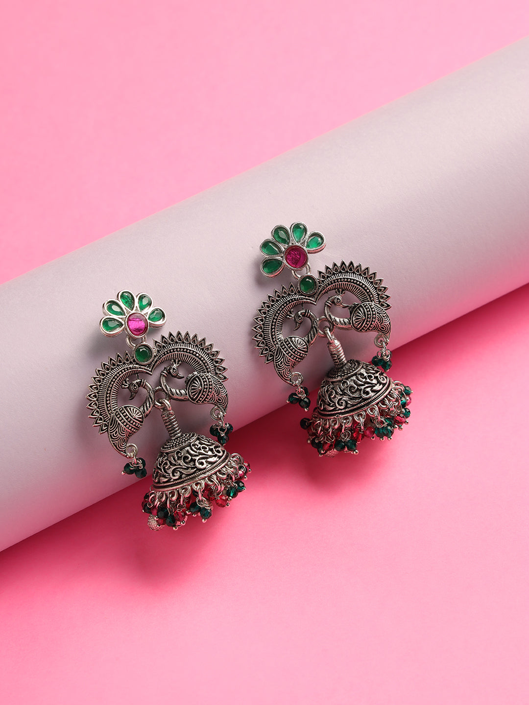 Pink & Green Stone Studded & Silver-Plated Peacock Shaped Beaded Jhumkas