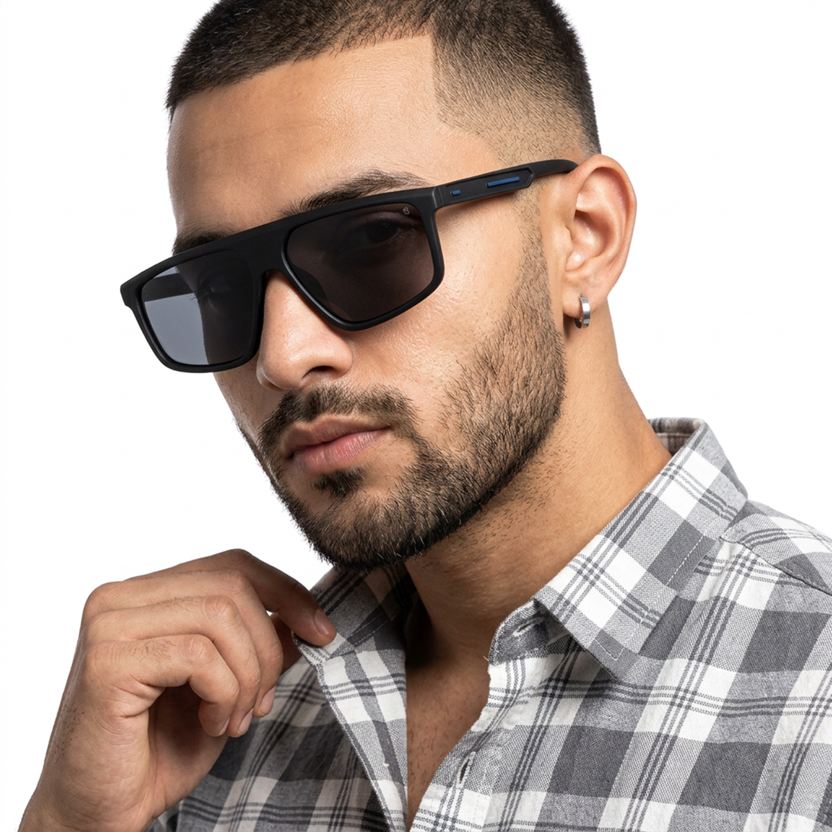 Eyejack Crossline Black Rectangle Sunglasses for Men and Women - Style 2058 - worn by a male model (image 1)