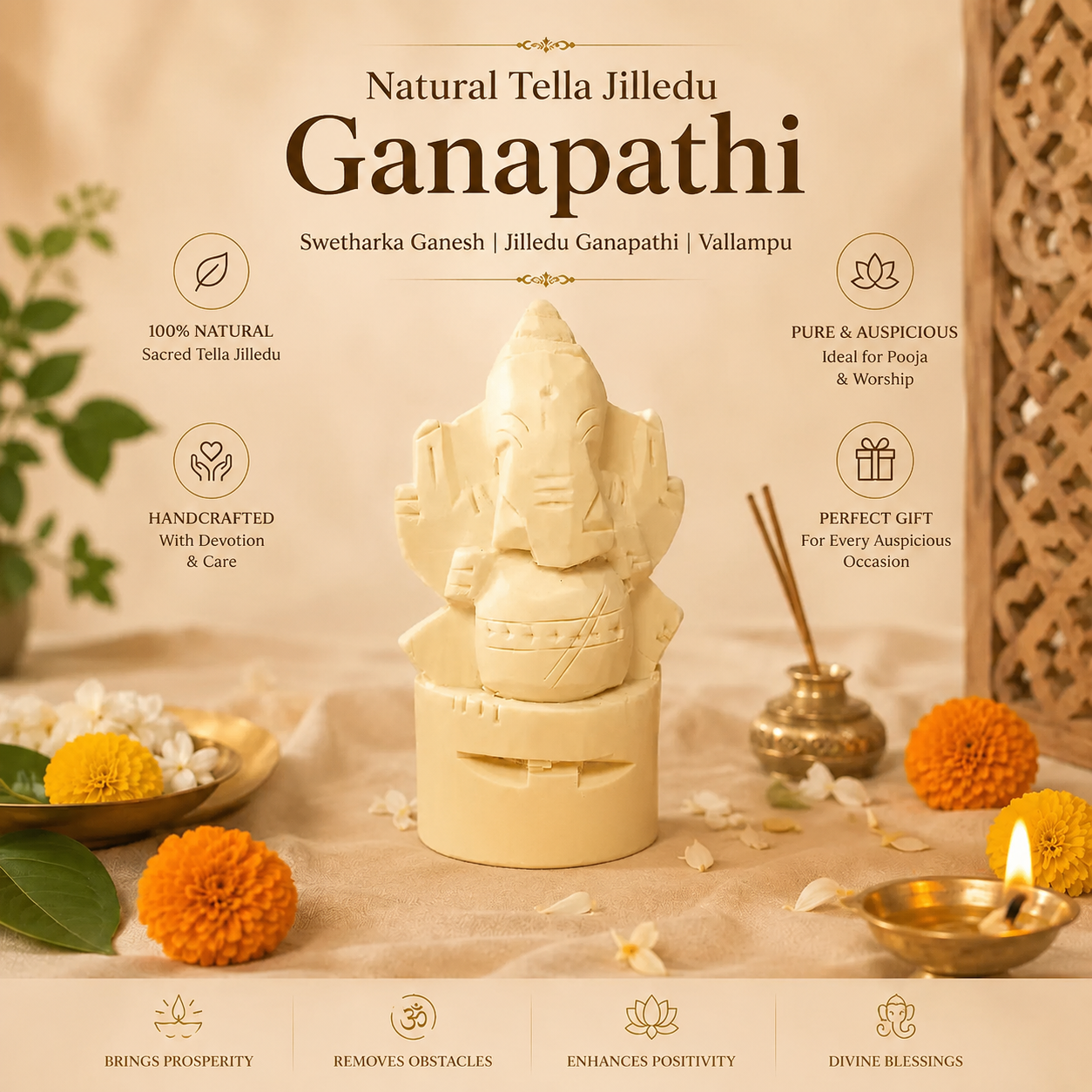 Natural Tella Jilledu Ganapathi - Swetharka Ganesh - Jilledu Ganapathi - Vallampuri Vinayakar - (Wood)