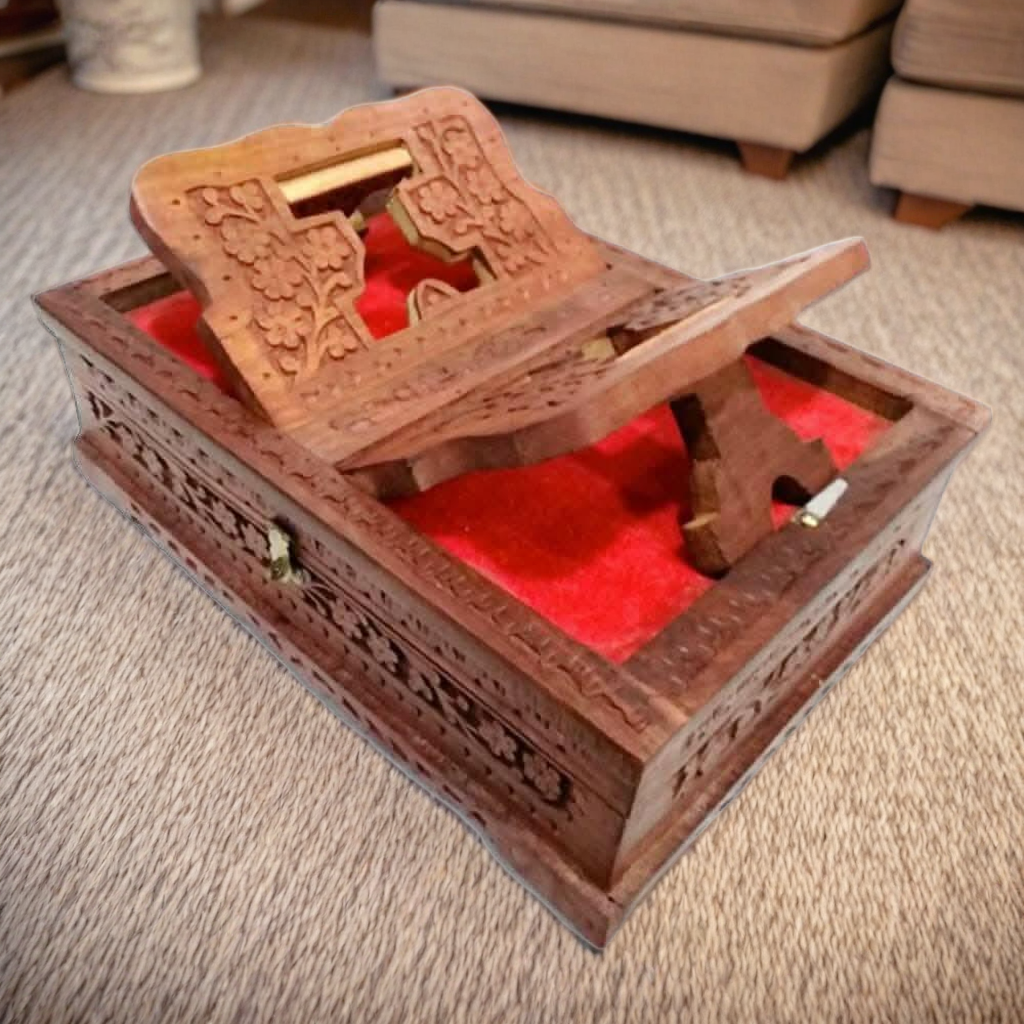 Santarms Wooden Quran Shareef Geeta Box (Brown Holy Book Stand)