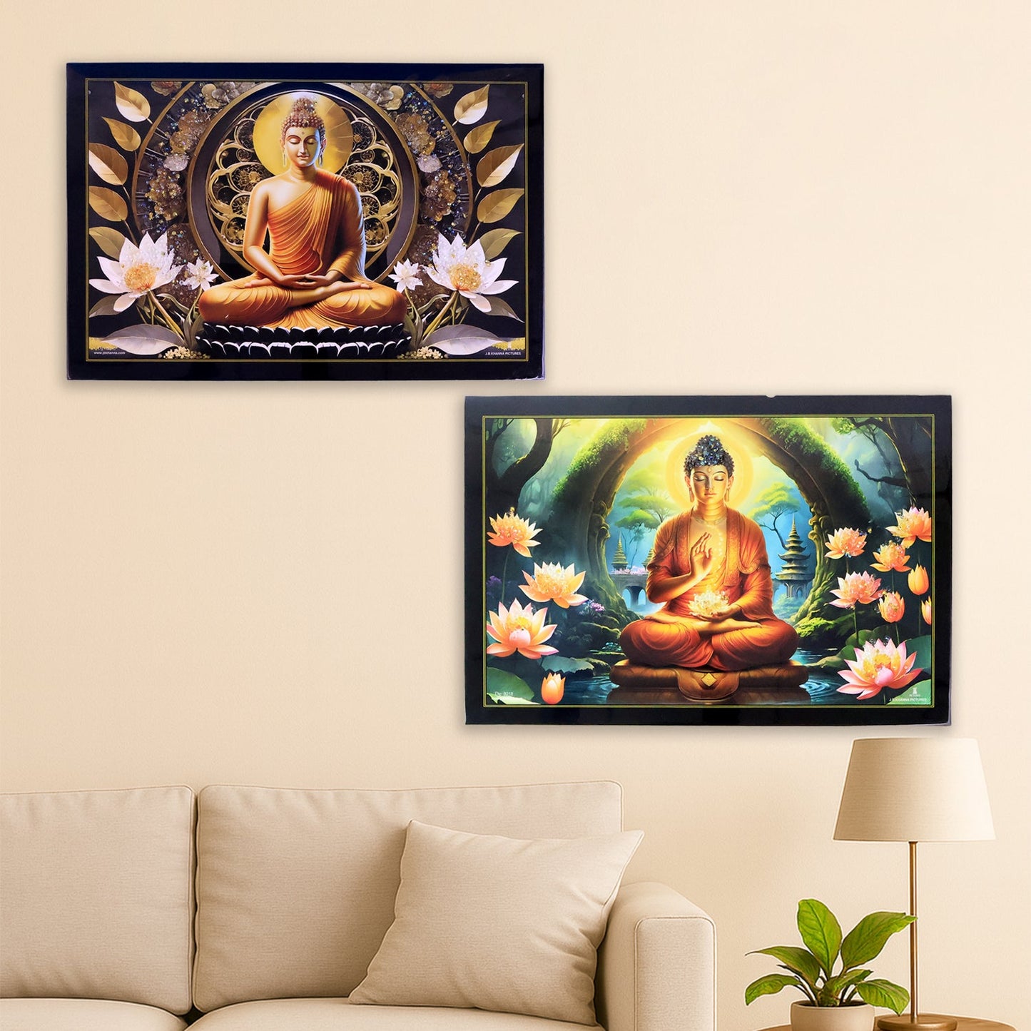 Decorative Lord Buddha Wall Painting With Wooden Frame Mix Design 45x30 Cm Approx (1 Pc) HP DD