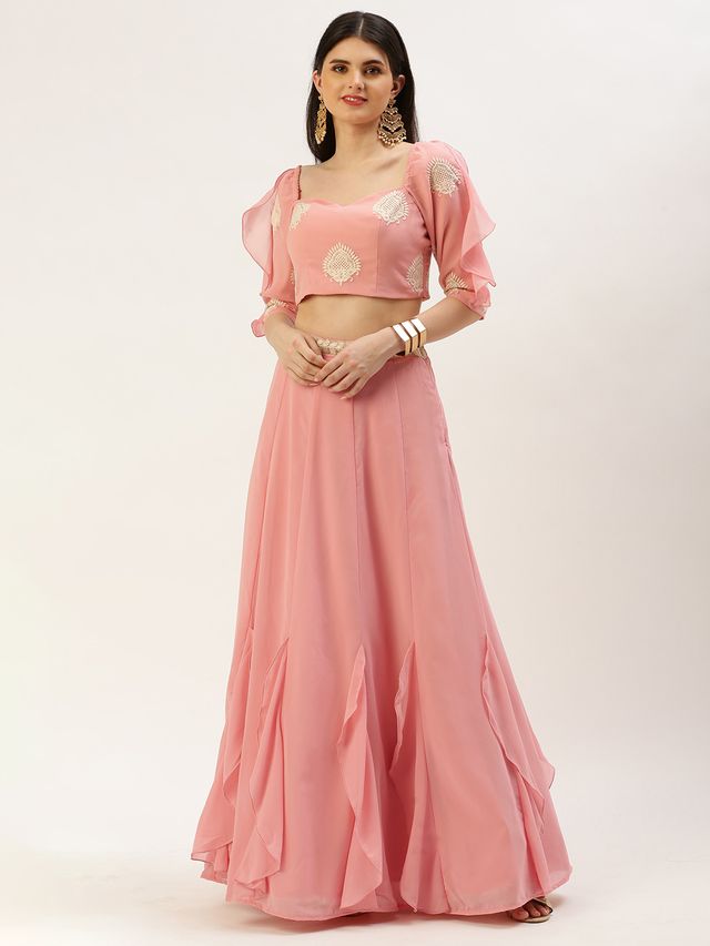 Bollywood Vogue Ready To Wear Pink Embroidered Ruffles Style Skirt Set