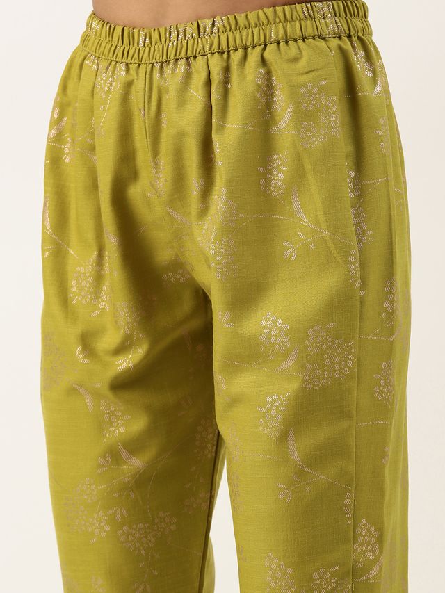 Bollywood Vogue Ready To Wear Olive Green Rayon Foil Print Kurta Set