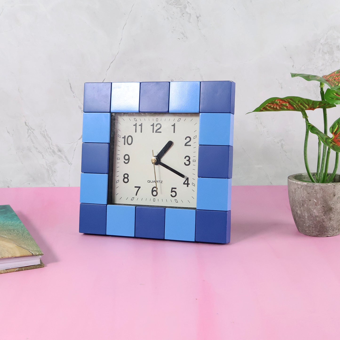 Square Quartz Table Clock – Bold Block-Pattern Frame, Easy-Read Dial, Battery-Operated Analog Desk Clock for Home - (1 Pc)