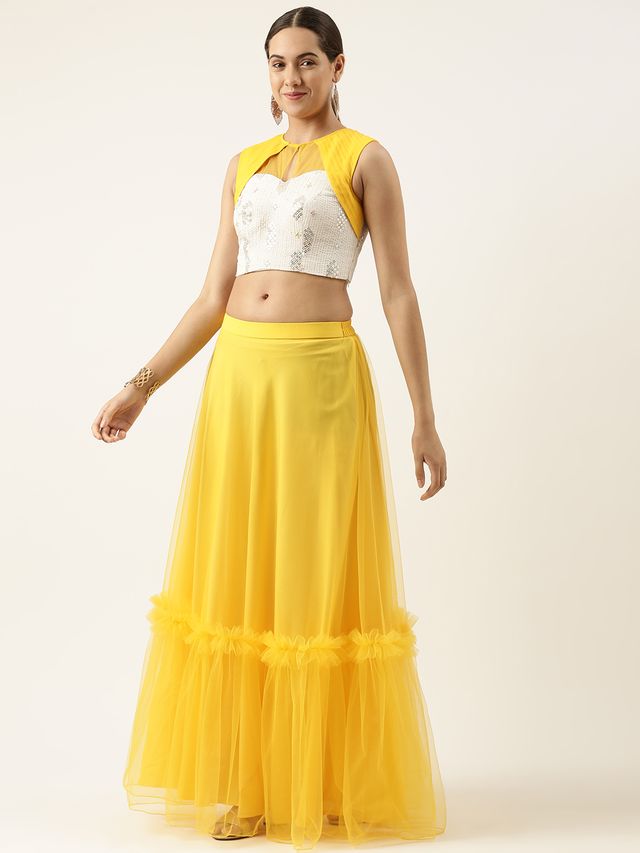 Bollywood Vogue Ready To Wear White Chinon Embroidered Lehenga Set