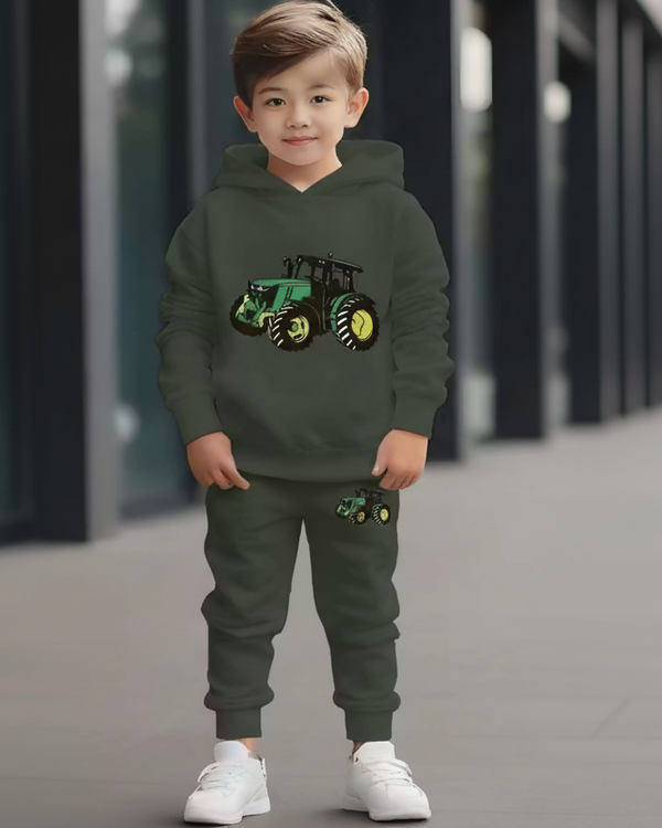 Olive Green Kids Hoodie Jogger Set with Cartoon Tractor Luck Fashion